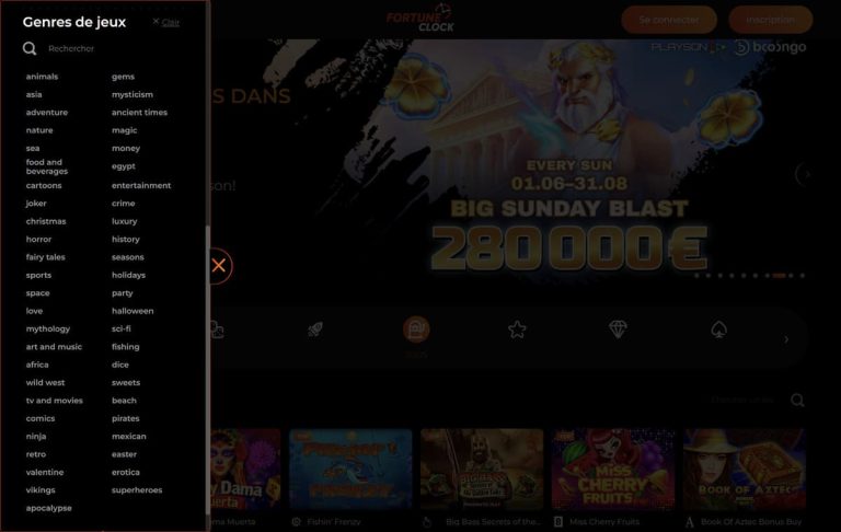 Fortune Clock Casino catégories jeux